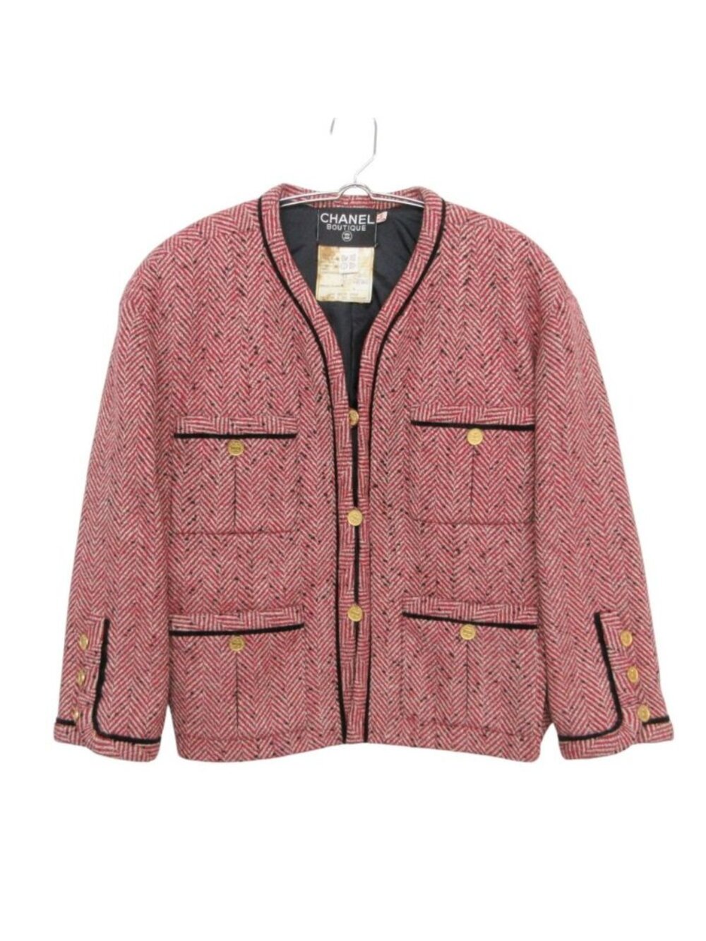 Chanel Collarless Jacket Tweed Trimming Herringbone Pattern CC Logo Gold Button